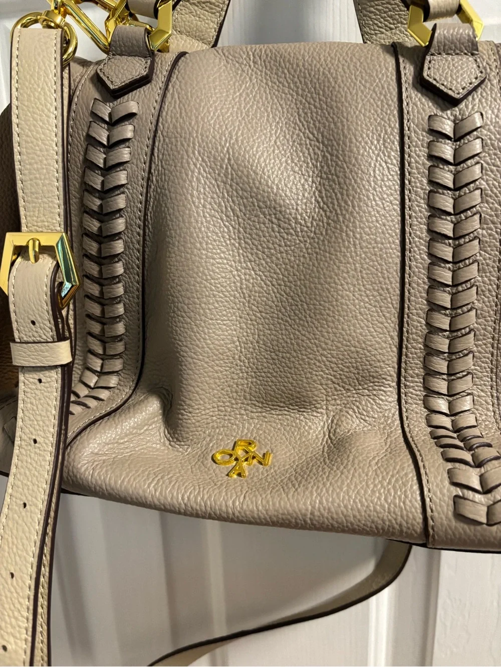 Oryany Tri-Color Pebbled Leather Satchel Crossbody Bag Taupe Tan Cream EUC - Picture 4 of 9